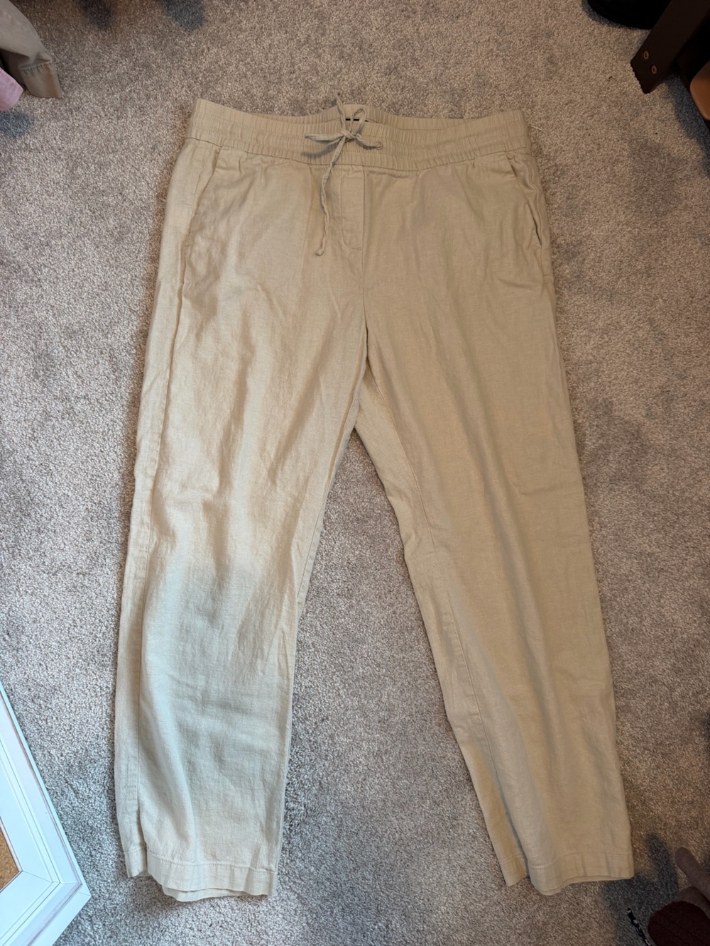 Ann Taylor Beige Drawstring Linen-Blend Pants